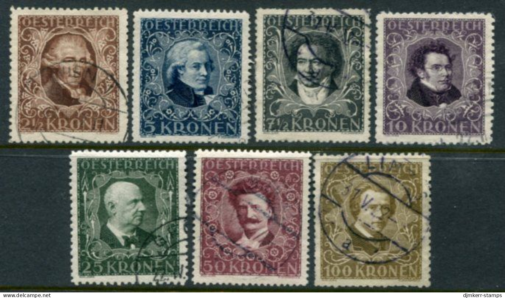 AUSTRIA 1922 Musicians' Fund Set Mixed Perforations  Used.  Michel 418B, 419-20A, 421-22B, 423A, 424B - Nuovi