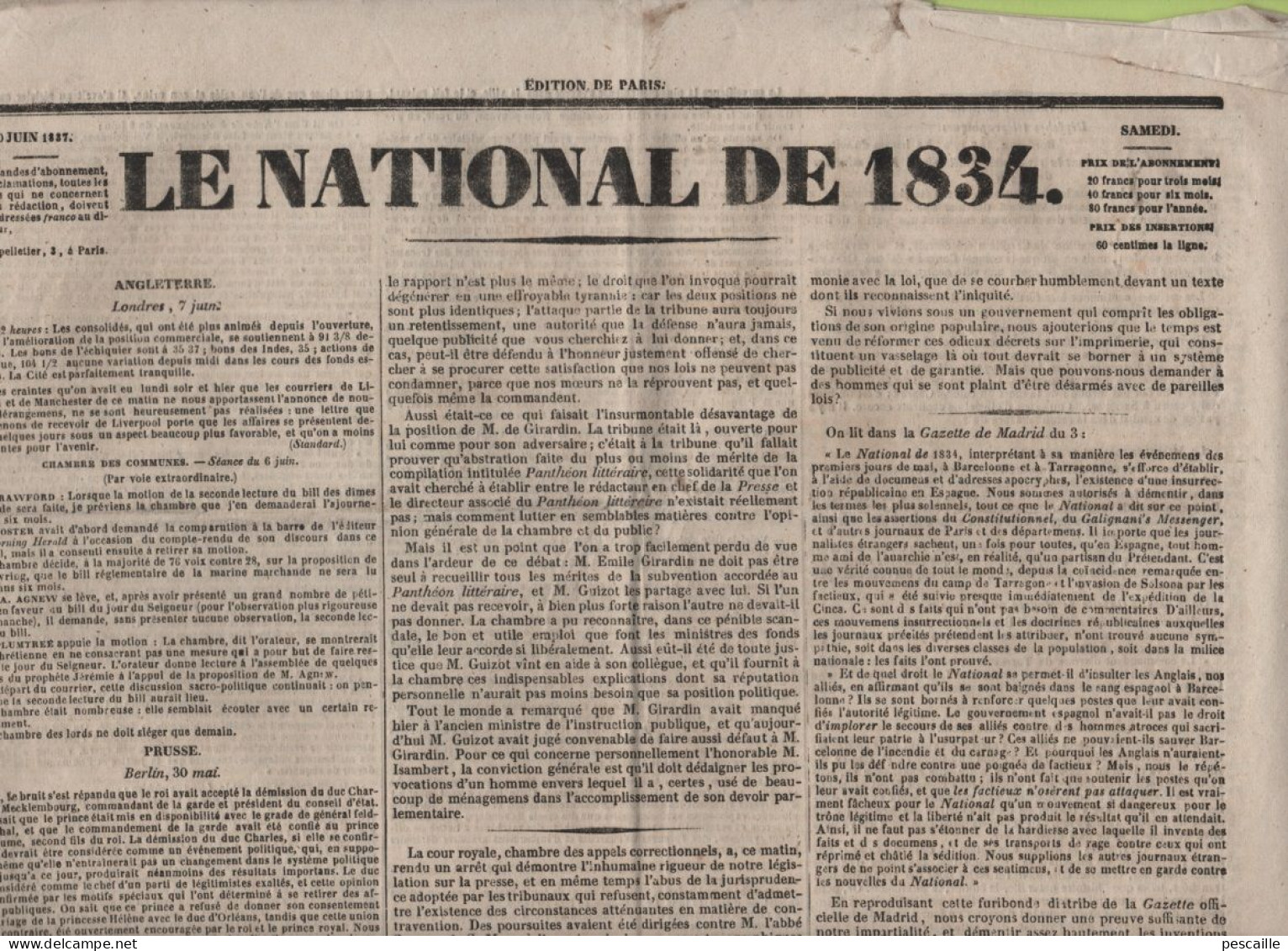 LE NATIONAL DE 1834 10 06 1837 - CHAIRE DE PHARMACIE - VERSAILLES - VALENCIENNES - MALTE MOUSSE NAUFRAGE - - 1800 - 1849