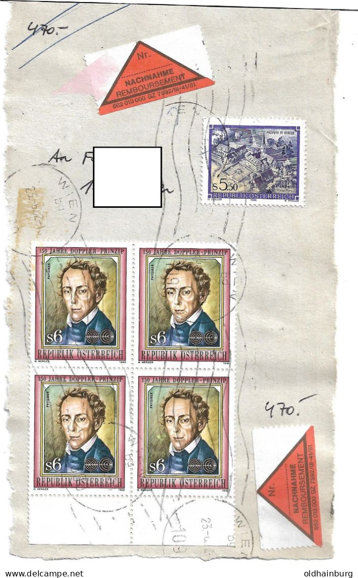 1610r: Österreich 1992, Christian Doppler, Mehrfach (Viererblock) Auf NN- Päckchenvorderseite - Physique