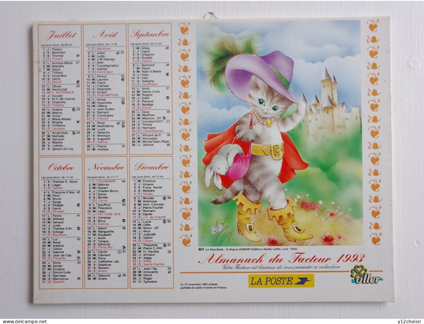 CALENDRIER 1993 ALMANACH DES POSTES TELEGRAPHES TELEPHONES PTT  Le Chat Botté & Peau D'âne - Formato Grande : 1991-00