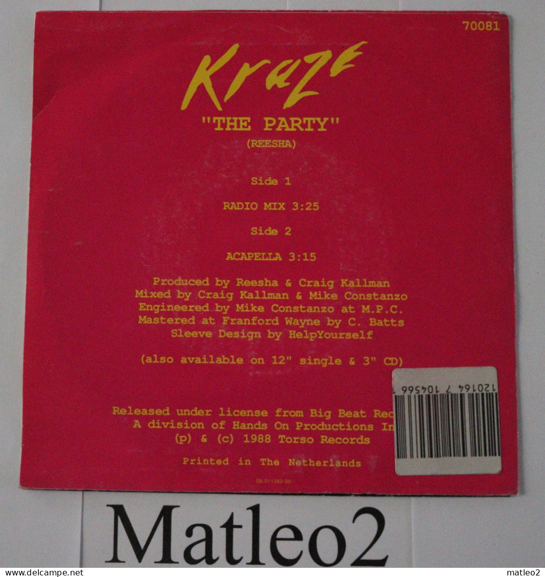 Vinyle 45 Tours : Kraze - The Party - Dance, Techno & House