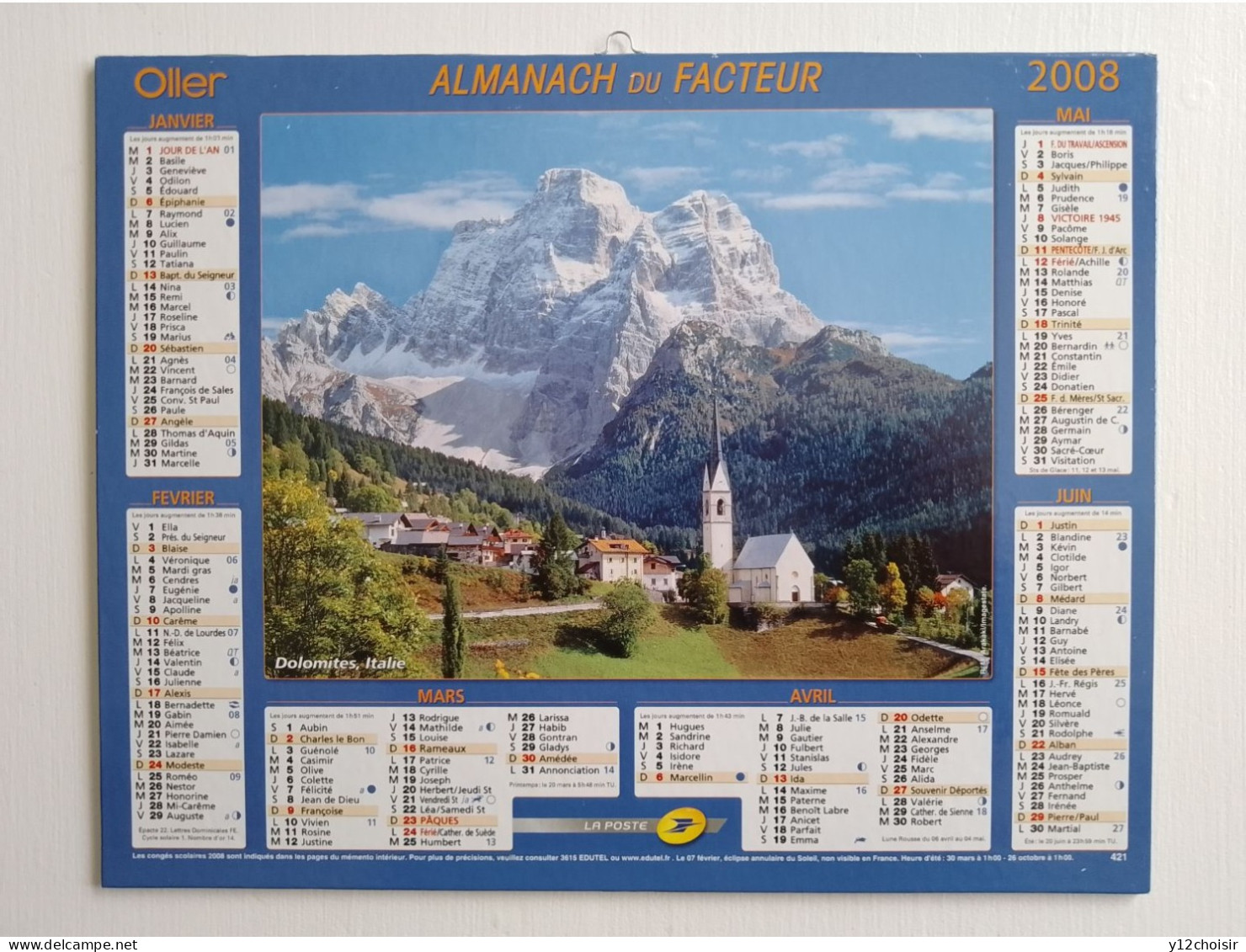 CALENDRIER 2008 ALMANACH DES POSTES TELEGRAPHES TELEPHONES PTT  Courchevel Savoie & Dolomites Italie - Tamaño Grande : 2001-...