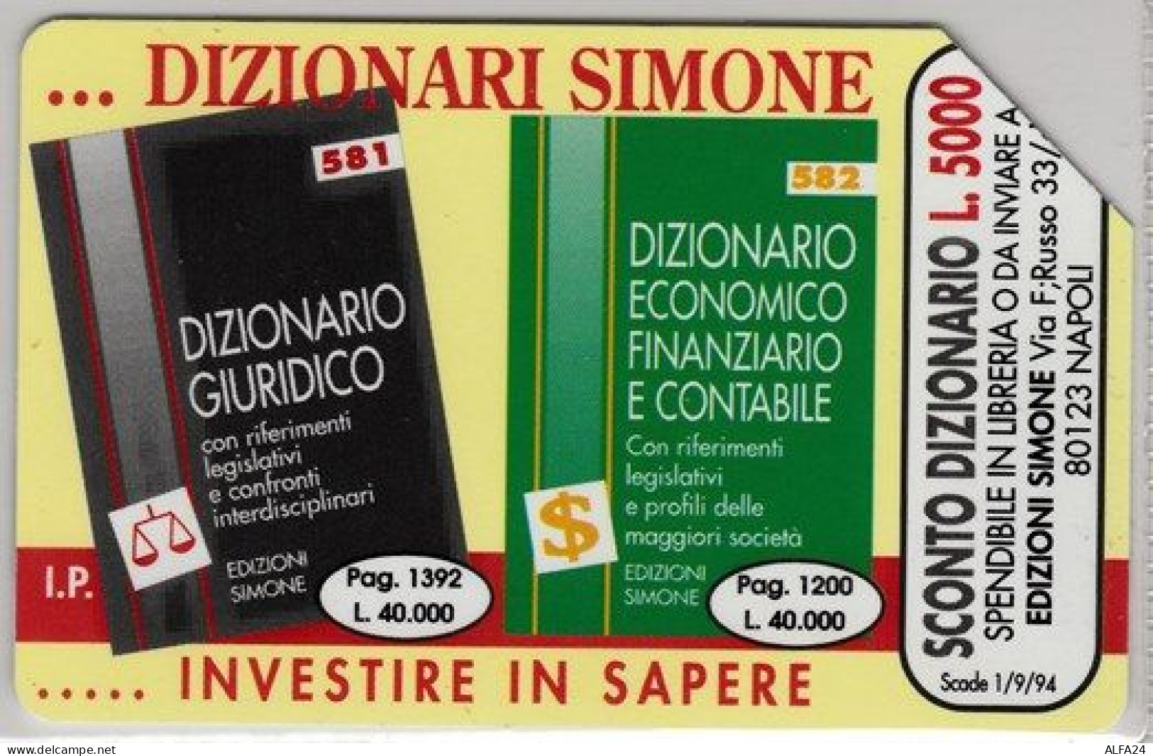 SCHEDA TELEFONICA USATA 289 DIZIONARI SIMONE - Pubbliche Speciali O Commemorative