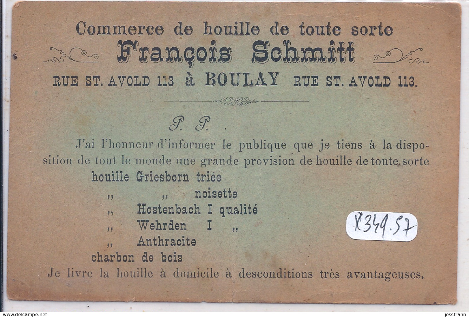 BOULAY-MOSELLE-  MAISON FRANCOIS SCHMITT- COMMERCE DE HOUILLE- CARTE PUBLICITAIRE - Boulay Moselle