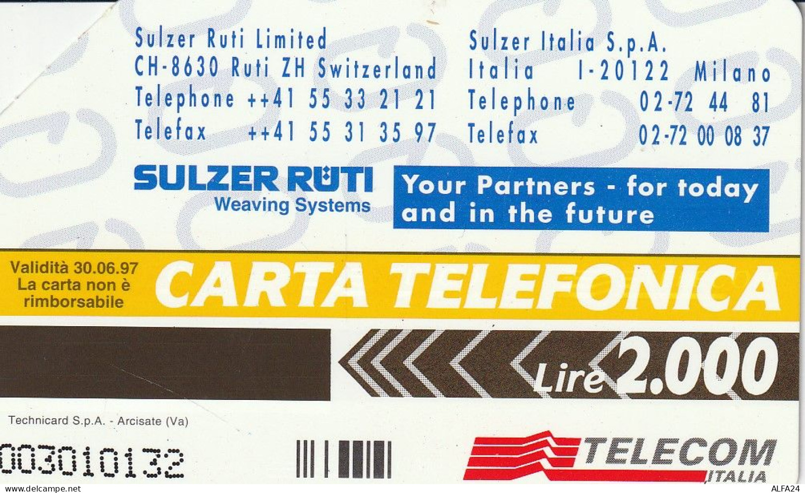 SCHEDA TELEFONICA USATA PRP 255 SULZER RUTI  (132 U - Private-Omaggi