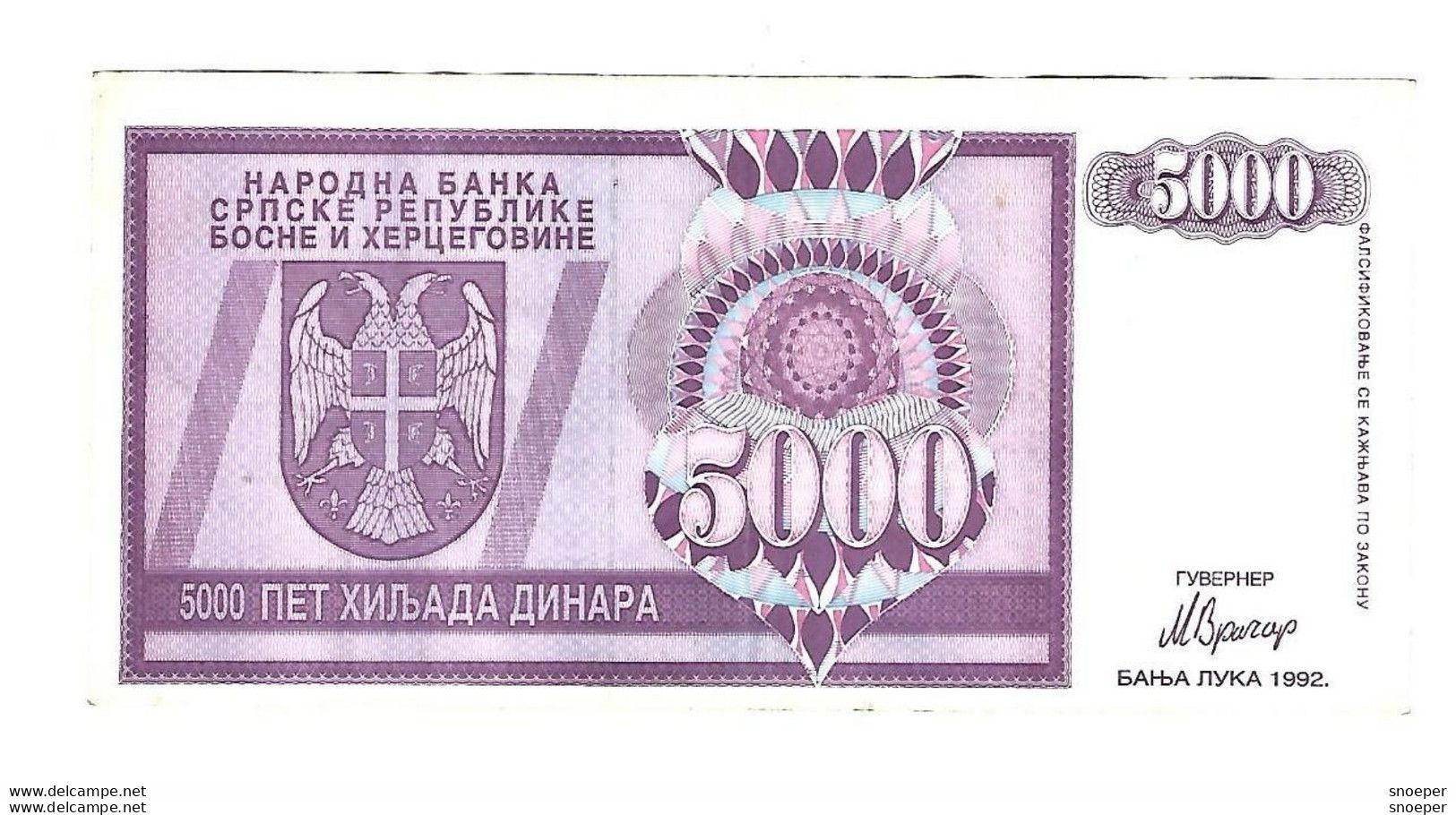*bosnia- Herzegovina  5000 Dinara 1992   138  Xf - Bosnië En Herzegovina