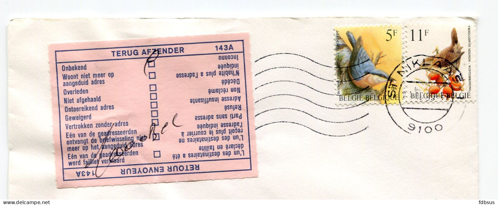 1995 Retour Enveloppe Van St Niklaas Naar Beersel Lot En Terug - Gefr. Nrs 2294 + 2449 Buzin Vogels + Retour Vignet 143A - Lettres & Documents