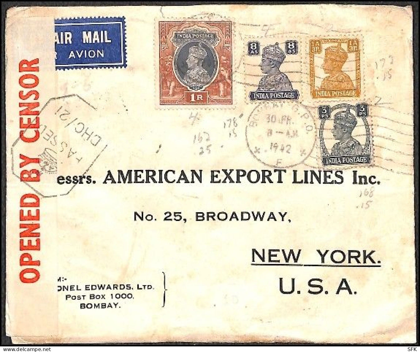 1942 India - USA, Airmail Censored Letter Sent To New York. - 1936-47 Roi Georges VI