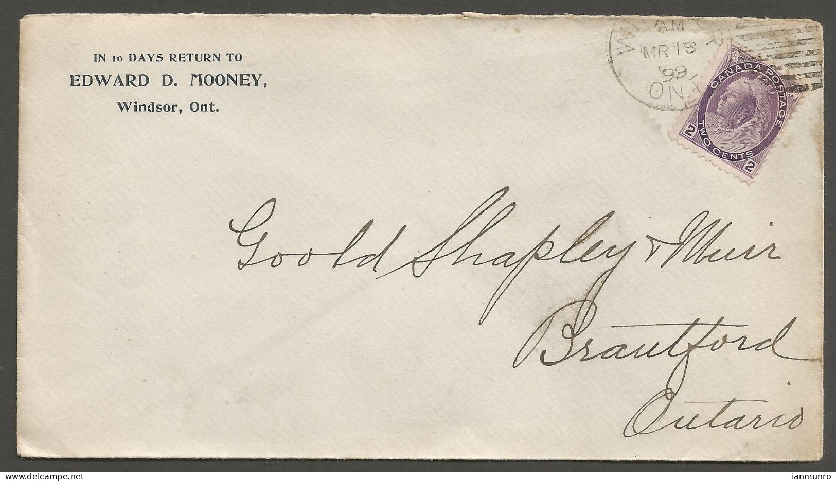 1899 Corner Card Cover 2c Numeral Duplex Windsor Ontario To Brantford - Postal History