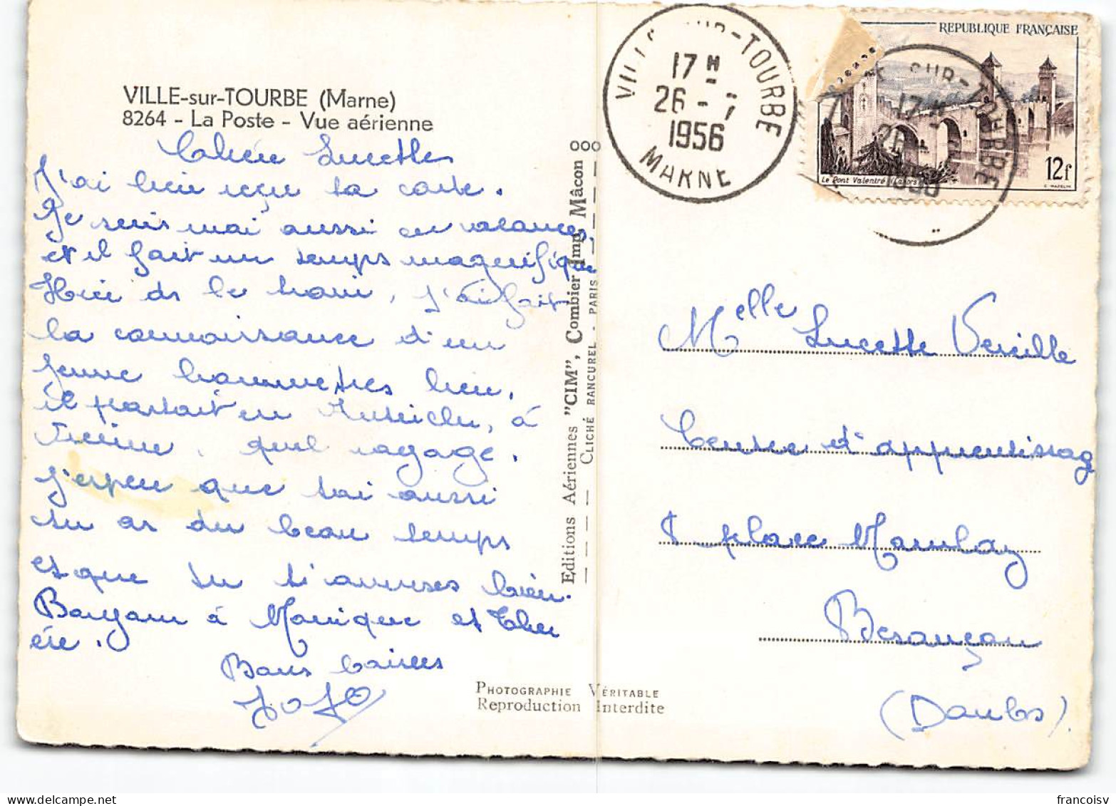 Ville Sur Tourbe. La Poste Vue Aerienne Edit Cim. Postée 1956   - Ville-sur-Tourbe