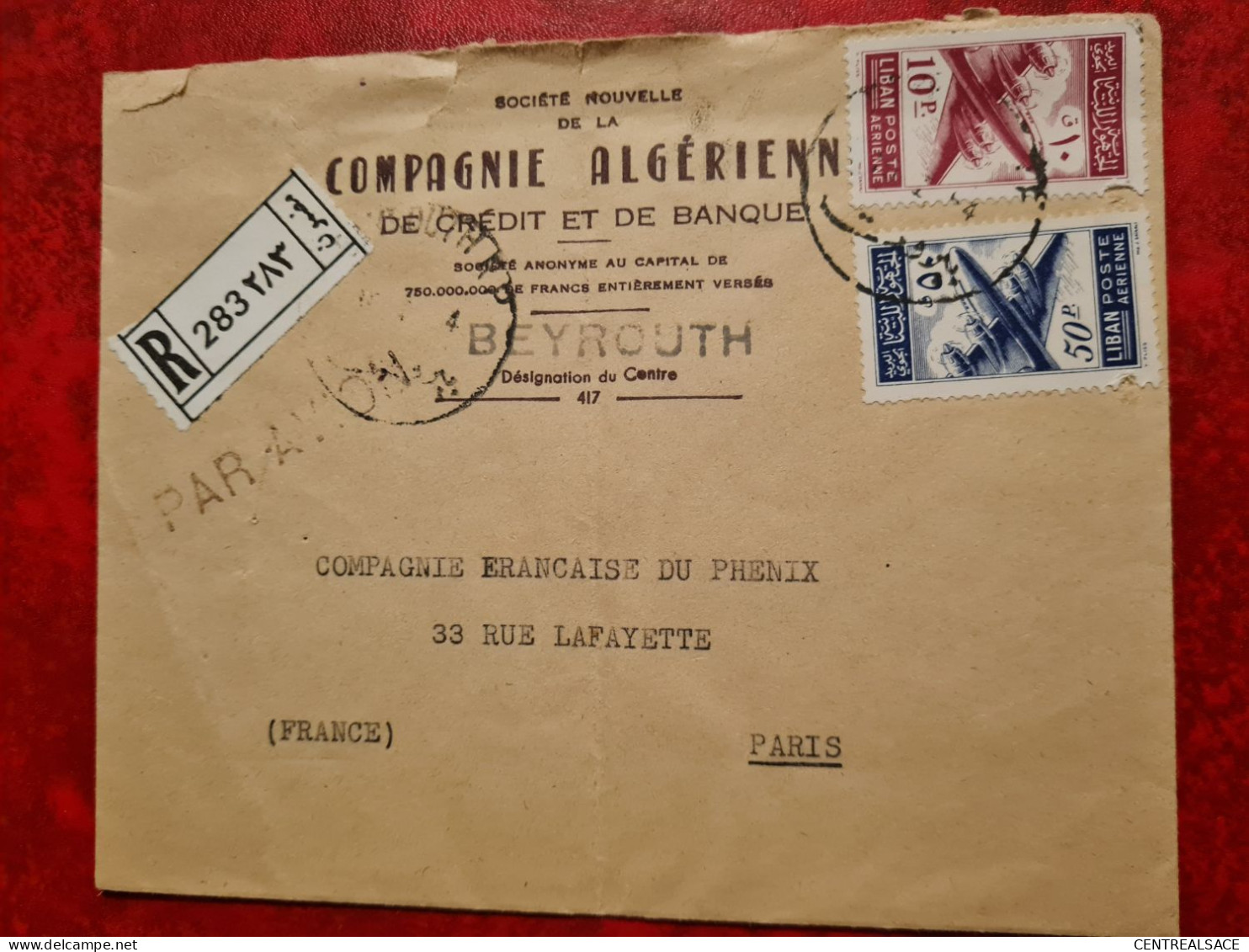 LETTRE LIBAN RECOMMANDE COMPAGNIE ALGERIENNE DE CREDIT ET DE BANQUE BEYROUTH POUR PARIS 1954 - Lebanon