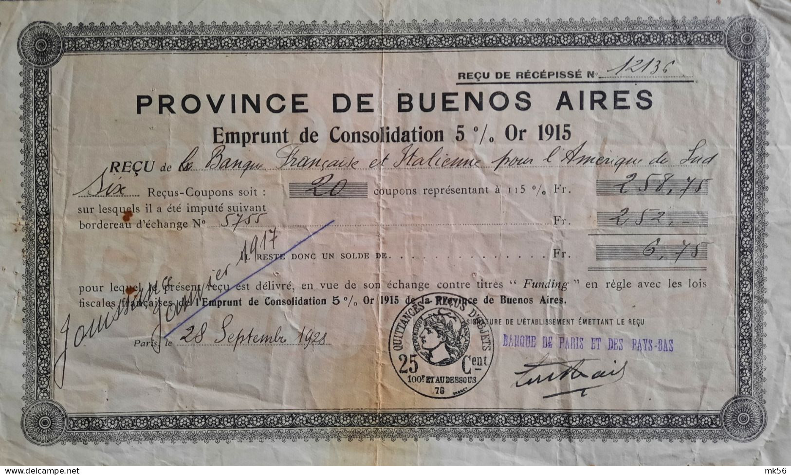 Province De Buenos Aires - Emprunt De Consolidation 5% Or 1915 - Autres & Non Classés