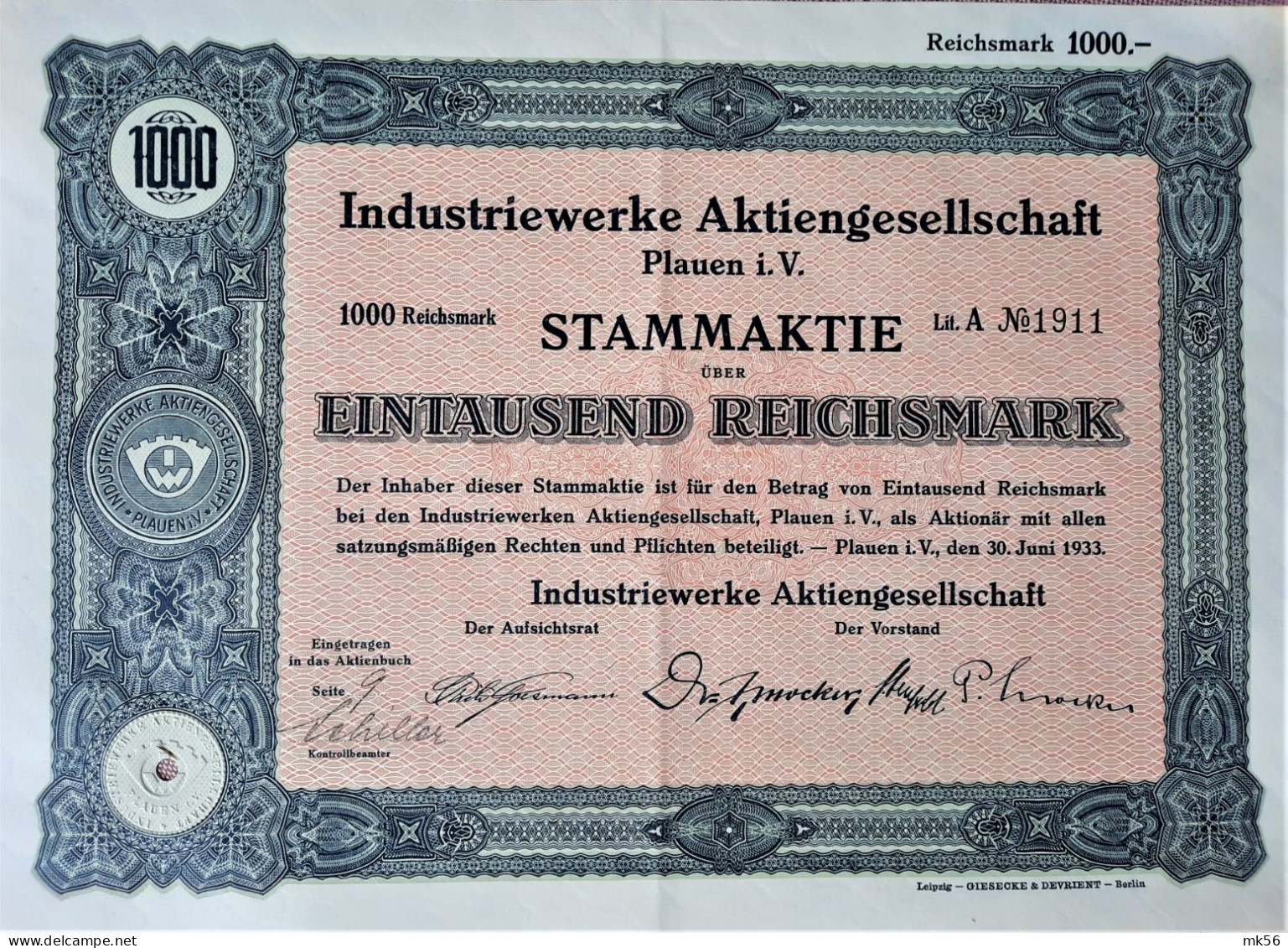 Industriewerke A.G. Plauen I.V. - Stammaktie über 1000 RM - Autres & Non Classés