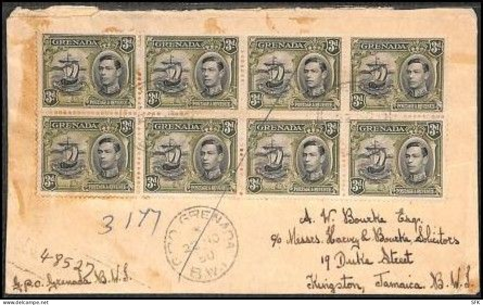 1950 Multiple Franking Letter From Grenada To Jamaica. - Grenada (...-1974)