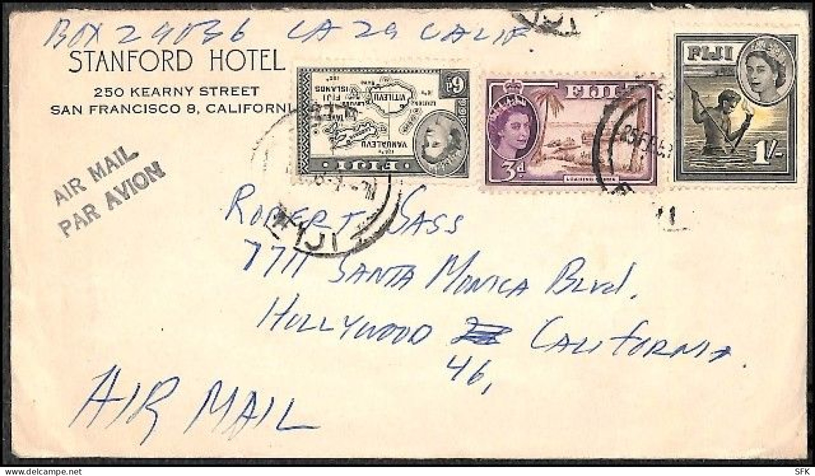 1953 Fiji - USA, Three Color Airmail Letter Sent To Hollywood - Fiji (...-1970)