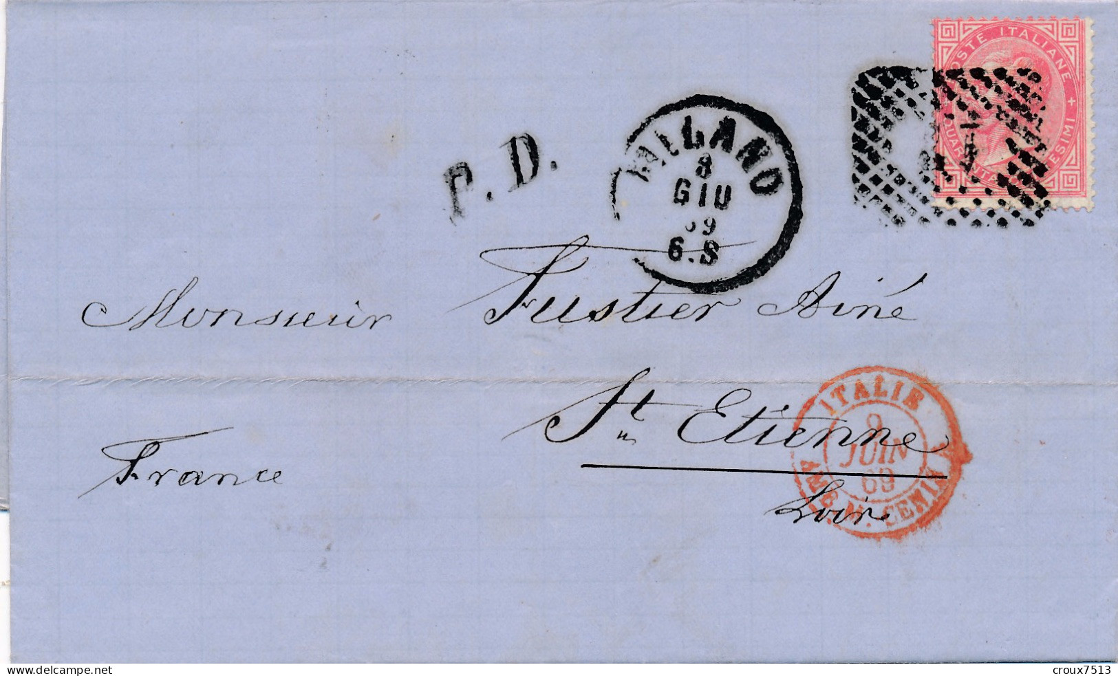 1869 40 C Rose LAC Milano à Saint-Etienne TB. - Entry Postmarks