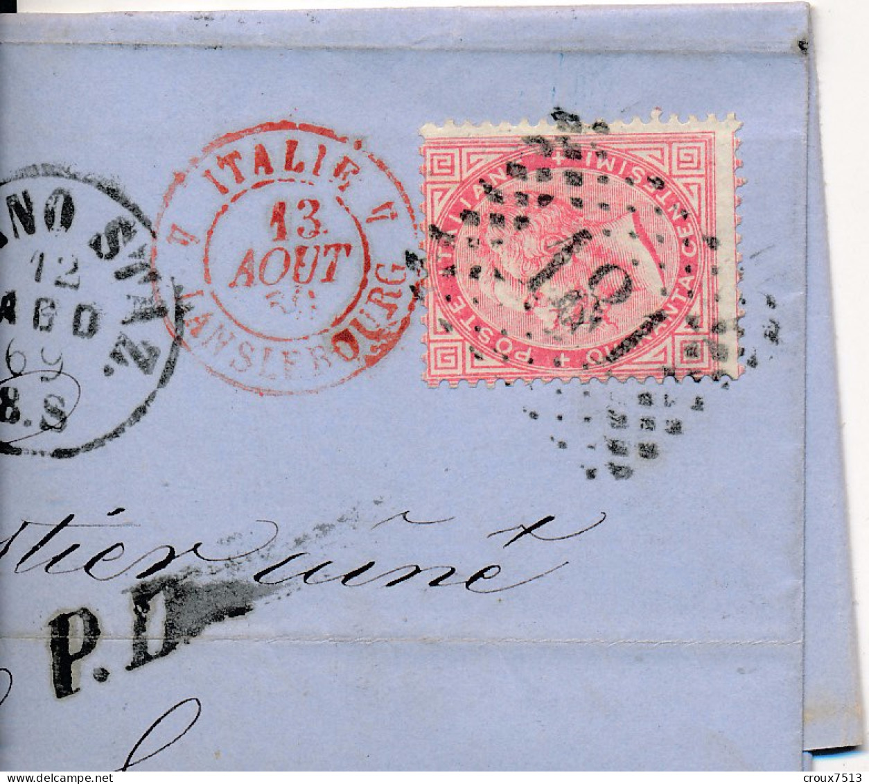 1869 40 C Rose LAC Milano Staz Via Lanslebourg  à Saint-Etienne TB. - Entry Postmarks