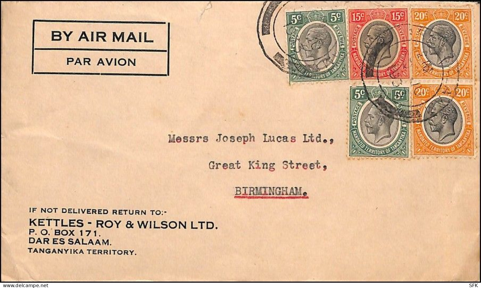 1933 Tanganyika Airmail Mixed Franking Three Color Letter From Dar Es Salam,  British Territory After 1920 - Tanganyika (...-1932)