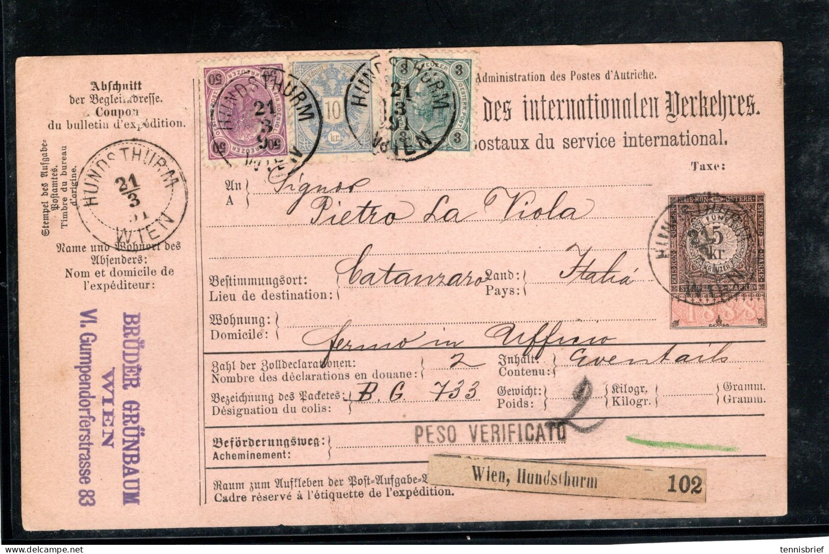 1891 ,10 Kr. Adler( Zahnfehler Rechts Unten -unauffällig ) Mischfrank. 50 Kr. ,  3 Kr. Fr. Josef , Kpl. Paketkarte #1430 - Covers & Documents