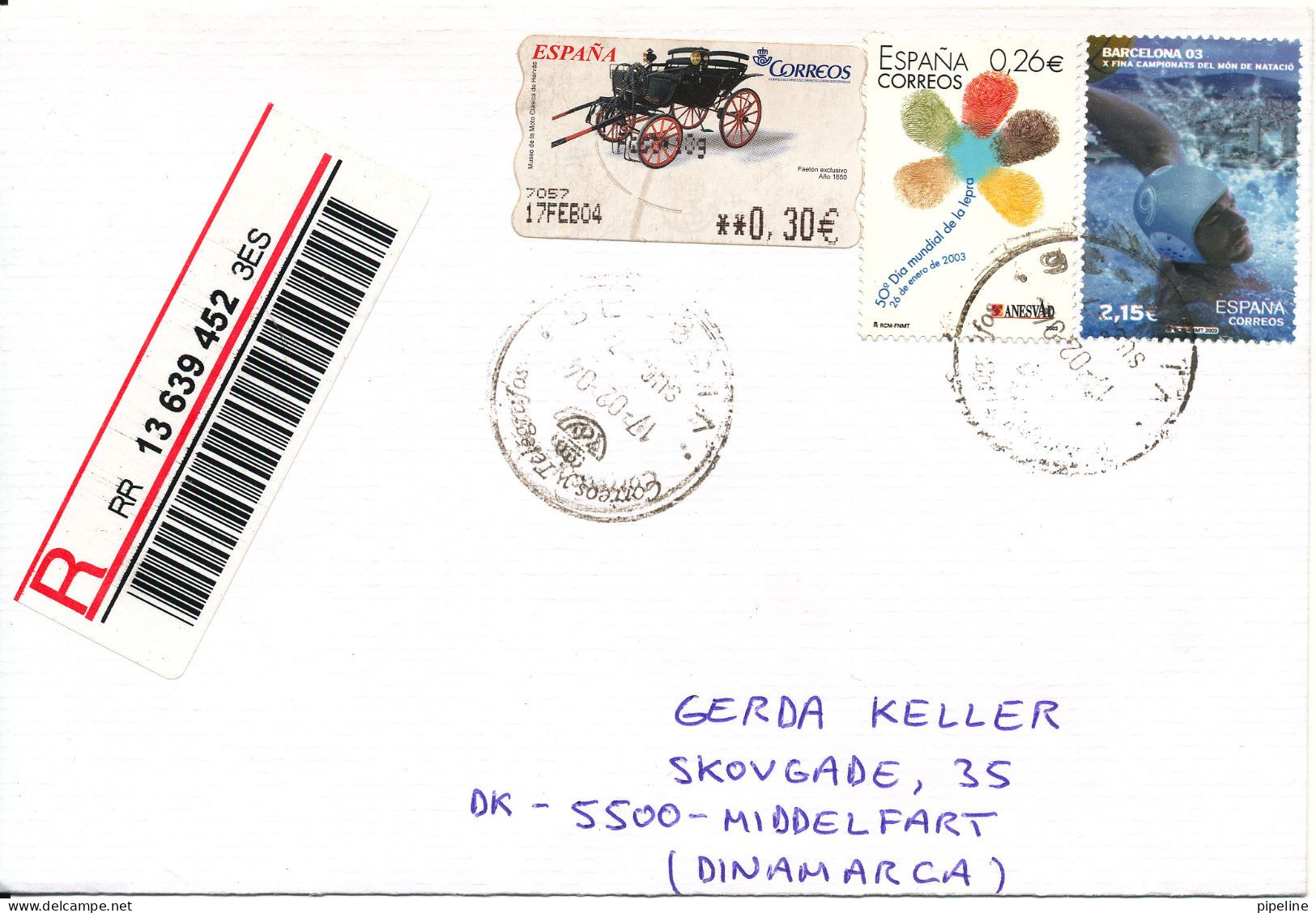 Spain Registered Cover Sent To Denmark 17-2-2004 With Topic Stamps And ATM Frama Label - Storia Postale