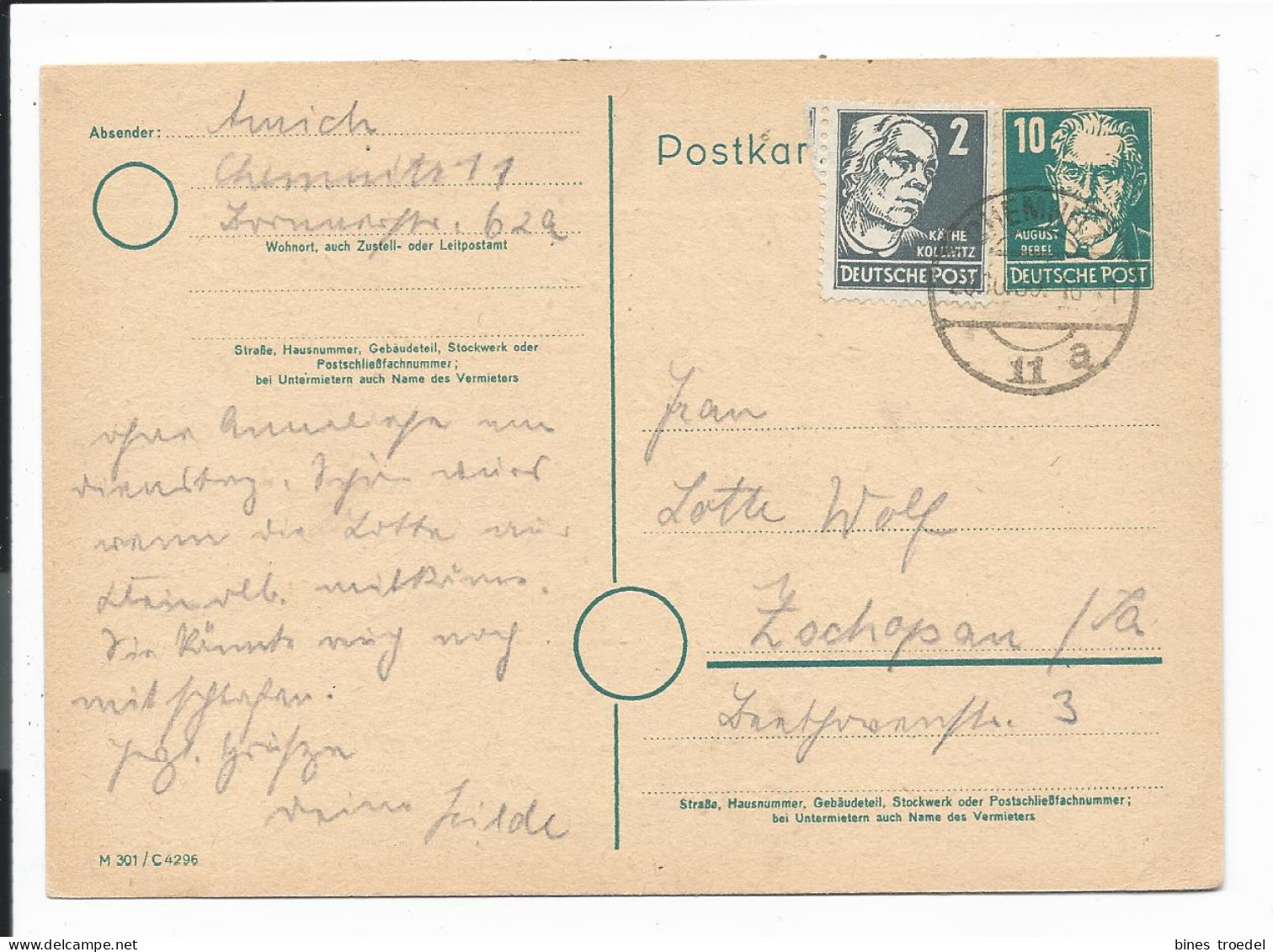 Sowjet. Zone P 35 / 03 - 10 Pf Bebel  Ganzsache M. PLZ-Kreis, DV : M 301 / C4296 M. 2 Pf ZF Nach Zschopau Bedarfsverw. - Postcards - Mint