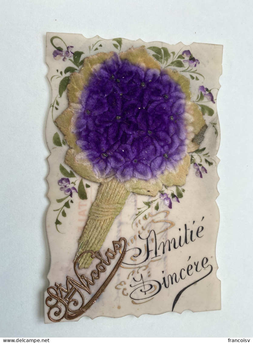 Carte Fantaisie  -  St Nicolas. .  Carte Celluloide.   Fleurs Ajoutis Bouquet  Velour  1910 - Saint-Nicolas