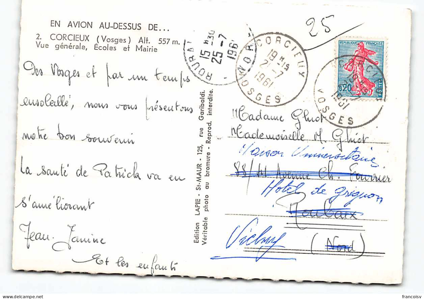Corcieux. Vue Generale, Ecoles Et  Mairie.  En Avion Au Dessus... Edit Lapie  Postée 1961 - Corcieux