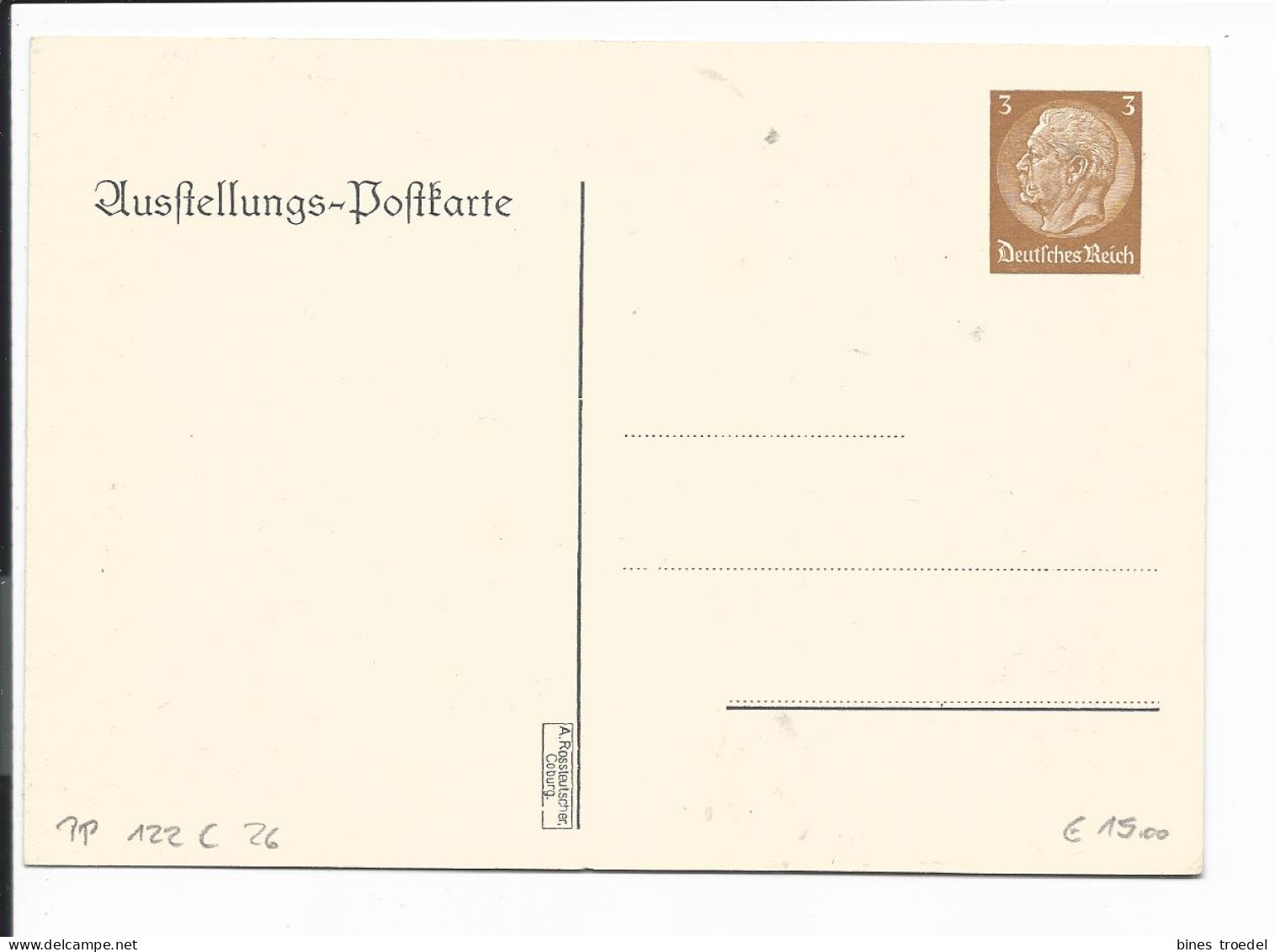 DR PP 122 C 26 ** -  3 Pf  Hindenburg Med. Coburg, Ausstellung Bayr. Ostmark 1936 - Private Postal Stationery