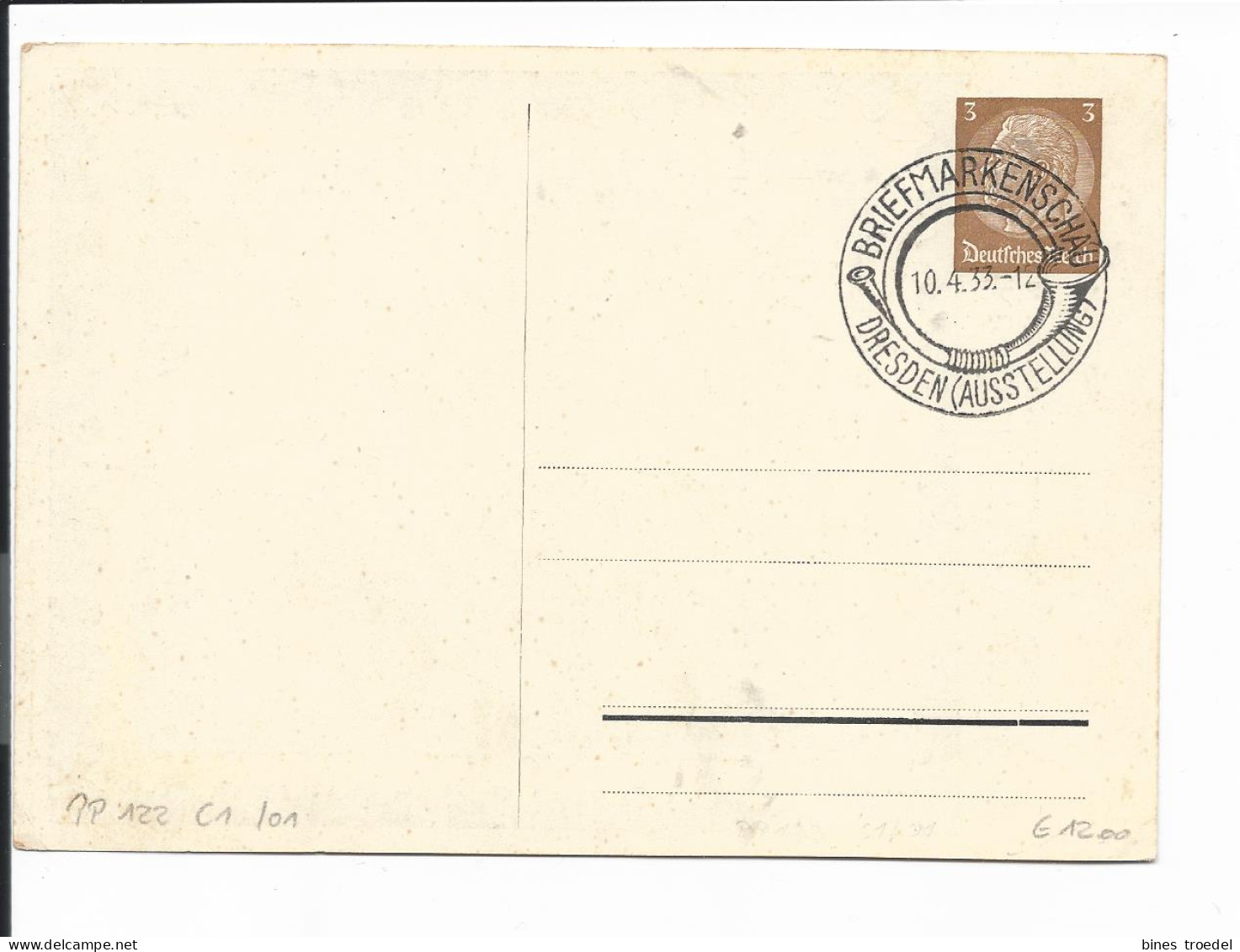 DR PP 122 C 1-01 -  3 Pf  Hindenburg Med.  Dresden Briefmarkenschau, Zwinger 1933 M. Blanko SST - Private Postal Stationery