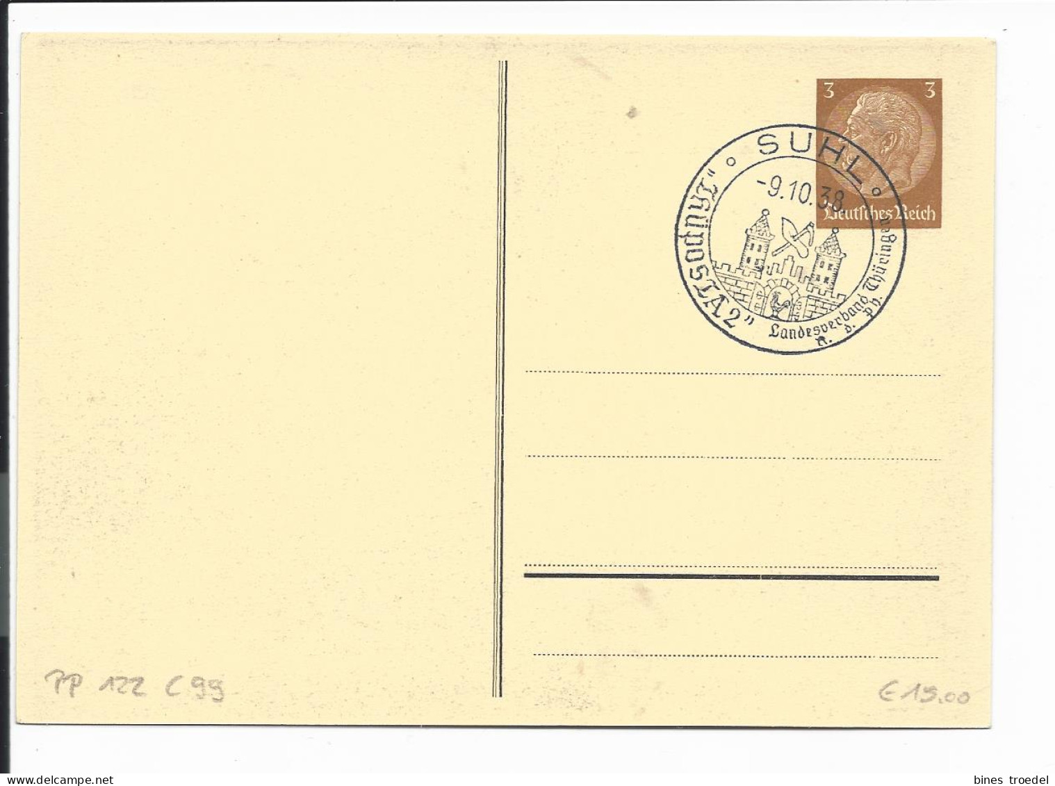 DR PP 122 C 99 -  3 Pf  Hindenburg Med. Suhl, Thüposta 2, 1938 M. Blanko SST - Enteros Postales Privados