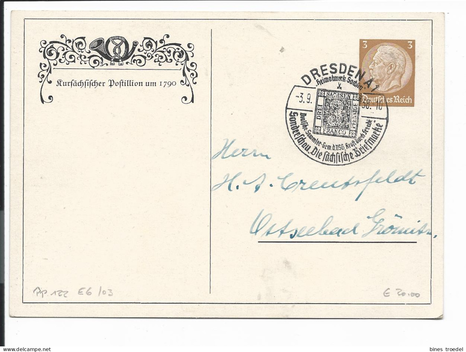 DR PP 122 E 6 - 03 -  3 Pf  Hindenburg Med. Kursächsischer Postillion,  1938 M. Blanko SST Dresden Adressiert - Privat-Ganzsachen