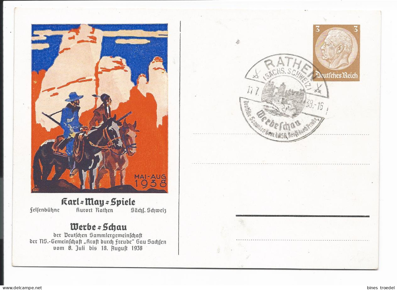 DR PP 122 C 54-02 -  3 Pf  Hindenburg Med.Karl-May-Festspiele Rathen 1938m. Blanko SST - Private Postal Stationery
