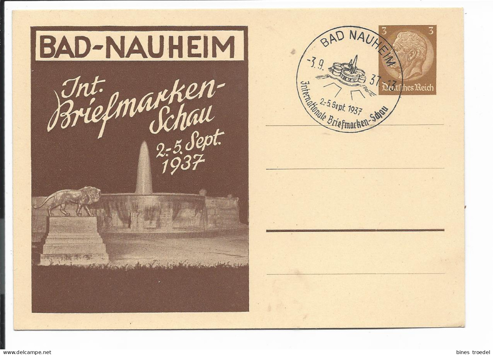 DR PP 122 C 57-01 -  3 Pf  Hindenburg Med. Bad Nauheim, Int. Bfm-Schau 1937 M. Blanko SST - Enteros Postales Privados