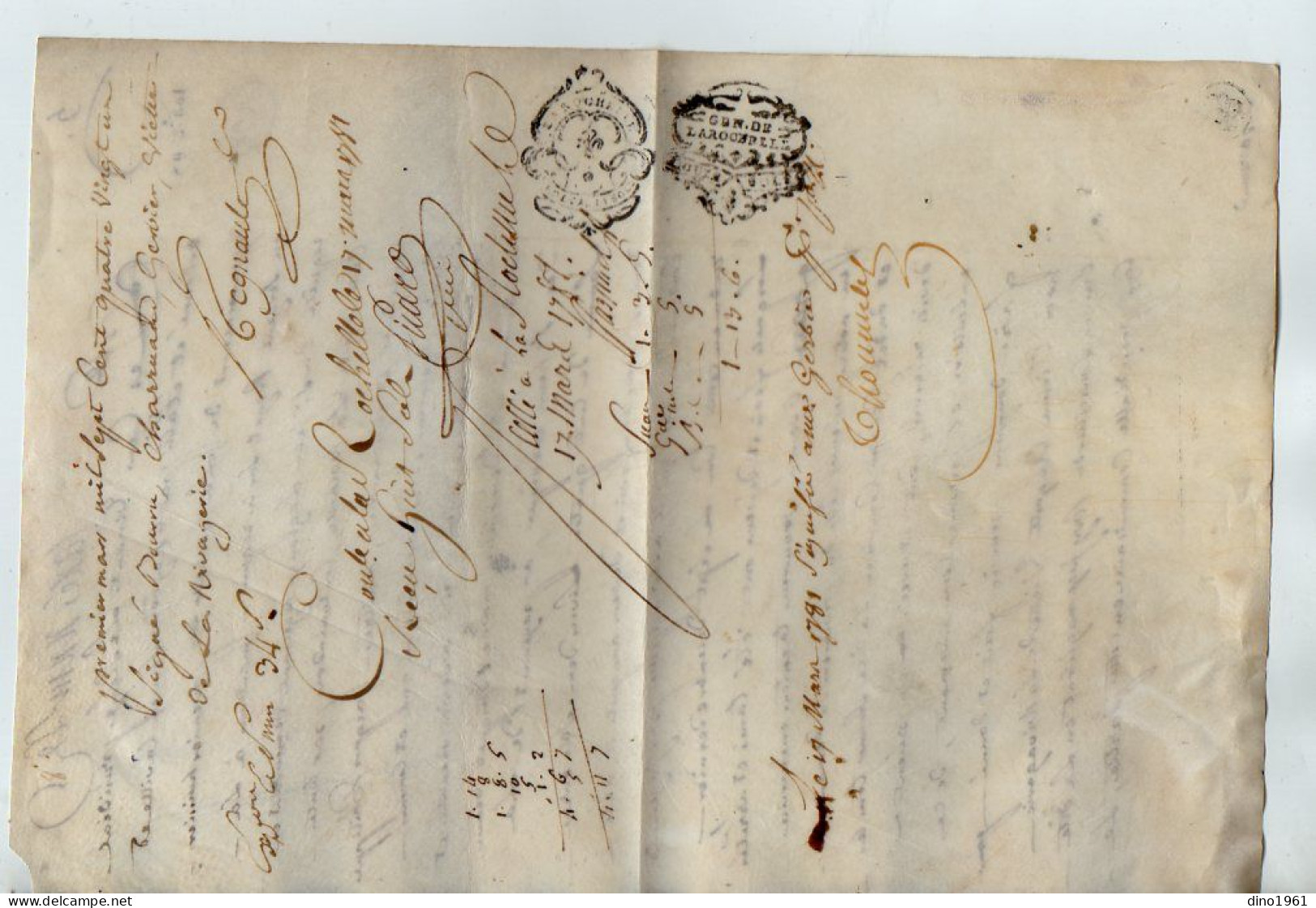 VP22.890 - Cachet De Généralité De LA ROCHELLE - Acte En Peau De 1781 - Gebührenstempel, Impoststempel