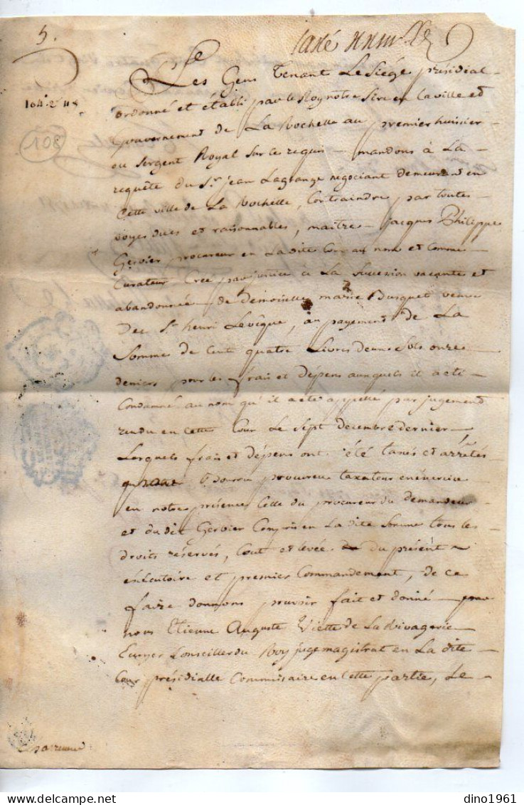 VP22.890 - Cachet De Généralité De LA ROCHELLE - Acte En Peau De 1781 - Algemene Zegels