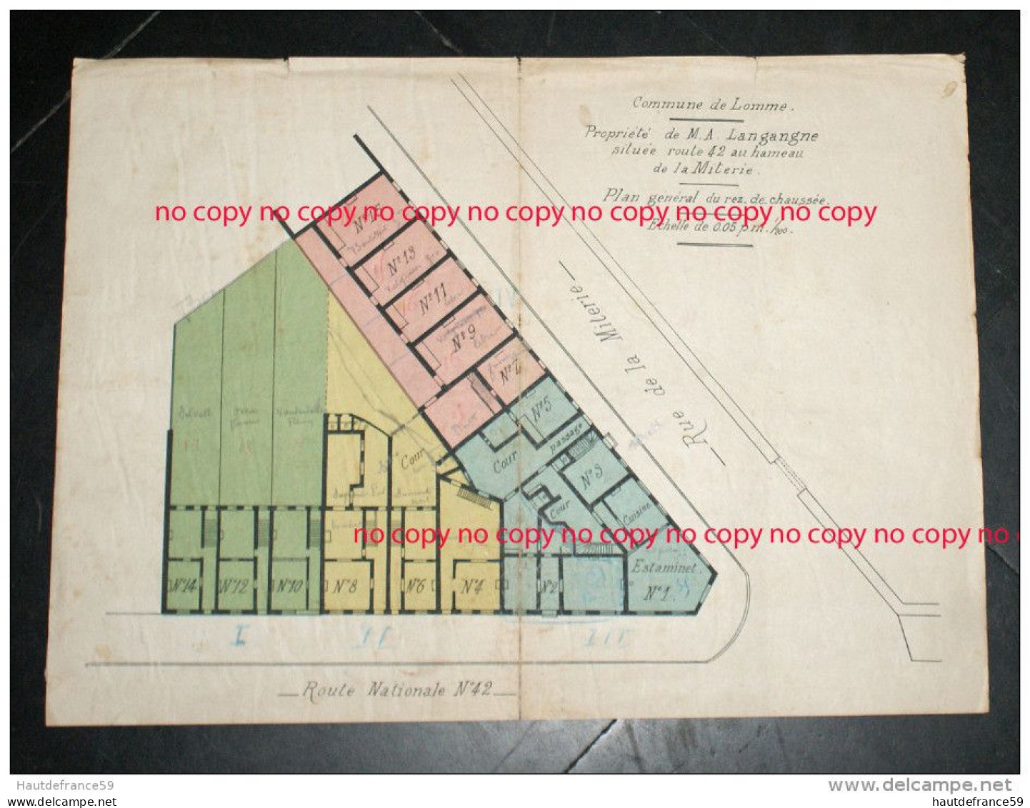 RARE Ancien Plan Général RdC De Géomètre 1914 LOMME Hameau De La Miterie Route 42 Propriété M Langangne éch 0.05 1/200 - Topographische Kaarten