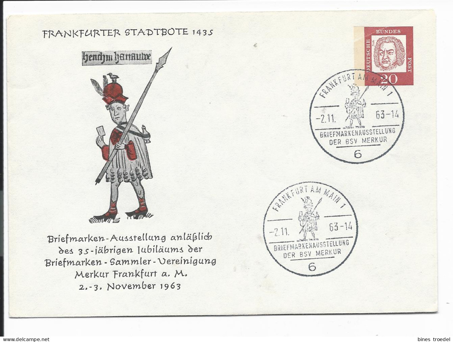 Bund PU 21 D2/02 - 20 Pf Bach Priv.-Umschlag Frankfurter Stadtbote M. Blanko SST - Privé Briefomslagen - Gebruikt