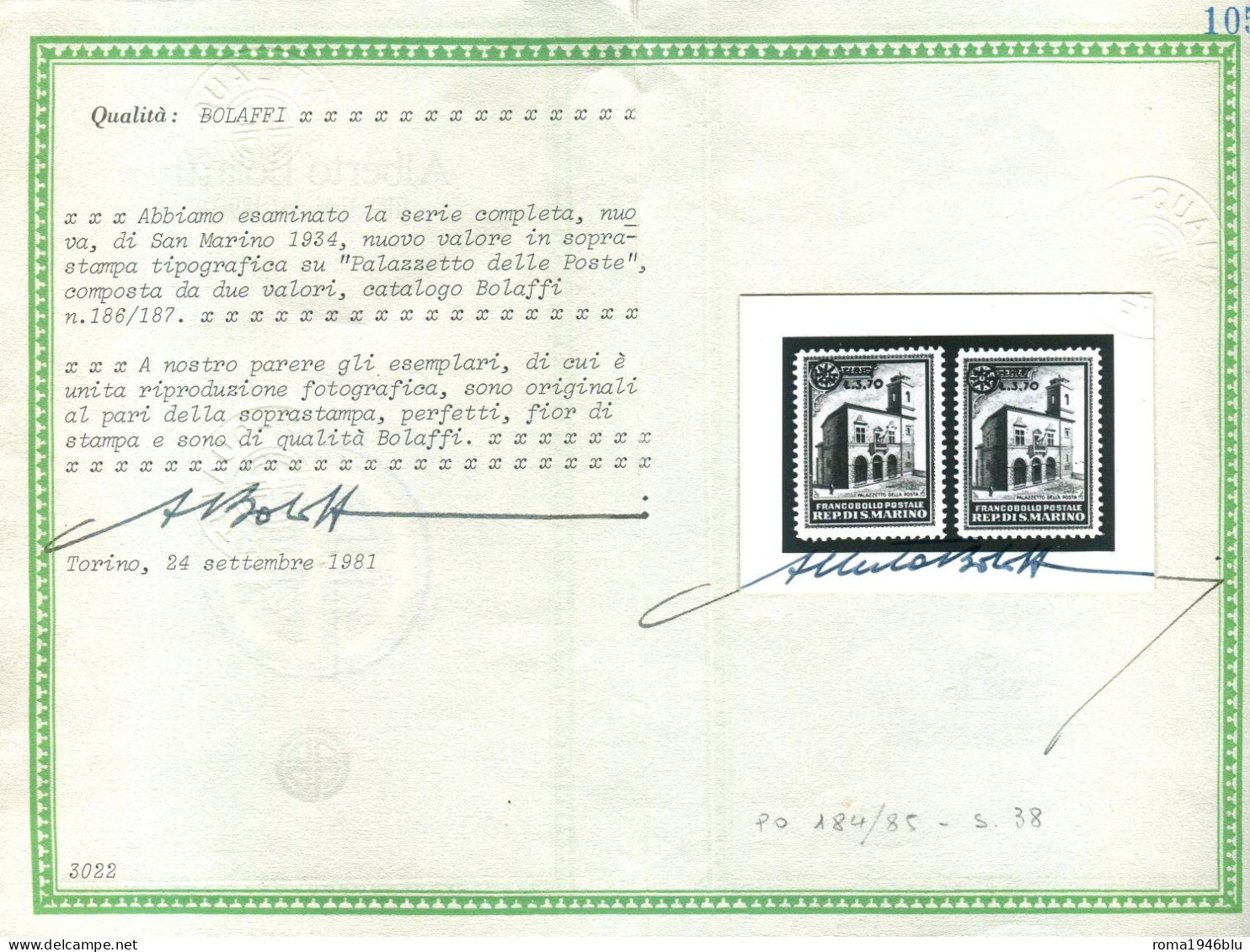 SAN MARINO 1934 PALAZZETTO DELLE POSTE SOVR. CENTRATO ** MNH CERT. BOLAFFI - Unused Stamps