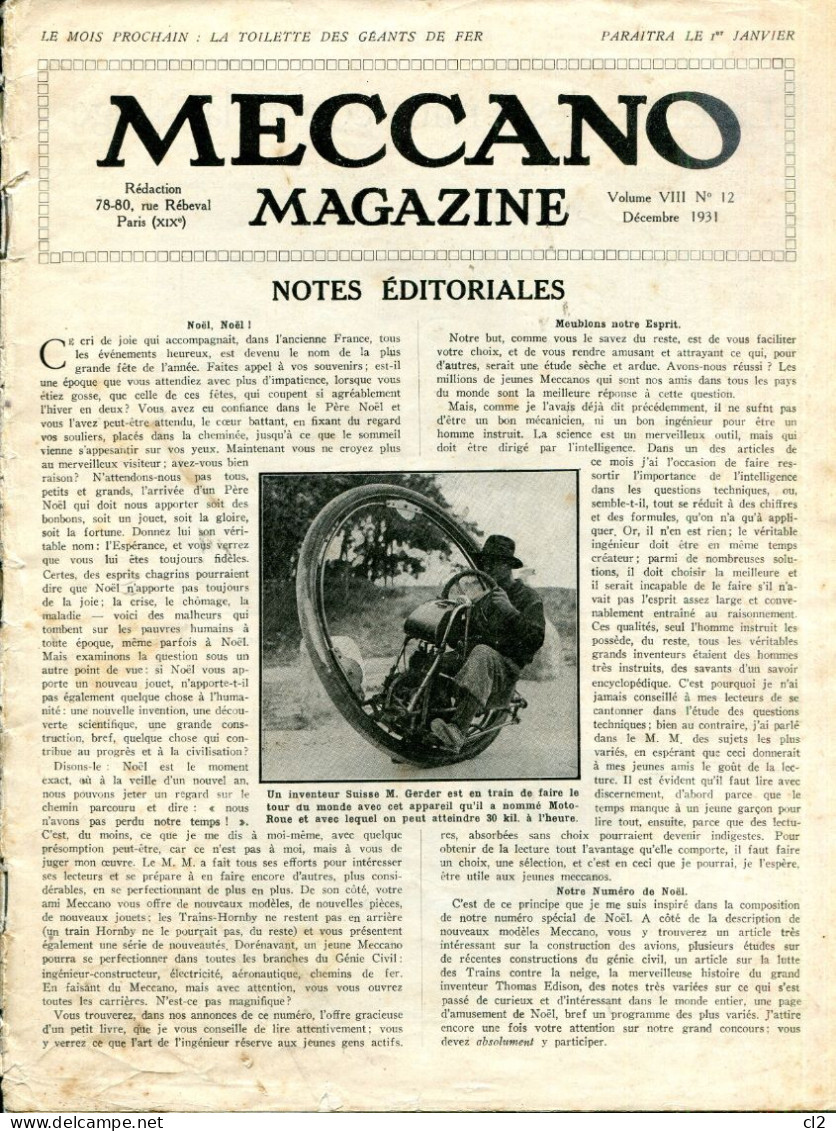 MECCANO MAGAZINE - Volume VIII - N°12 - Décembre 1931 (sans Couverture, Prix En Conséquence) - Modelbouw