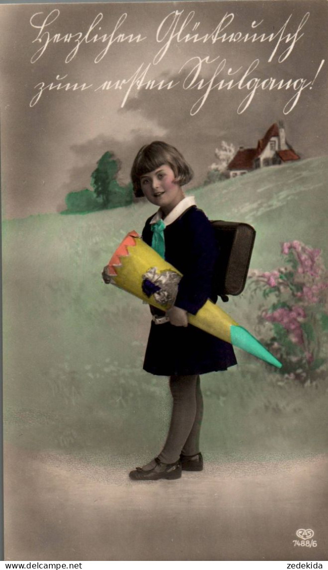 G8966 - TOP Glückwunschkarte Schulanfang - Mädchen Zuckertüte - Coloriert - EAS Schwertfeger - Primo Giorno Di Scuola