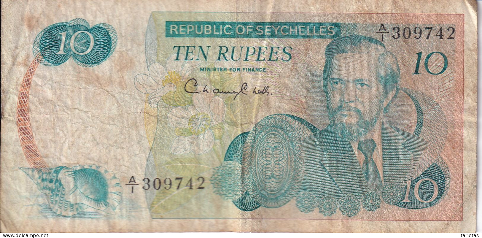 BILLETE DE SEYCHELLES DE 10 RUPEES DEL AÑO 1976 (BANKNOTE) CARACOLA-SEA SHELL - Seychelles