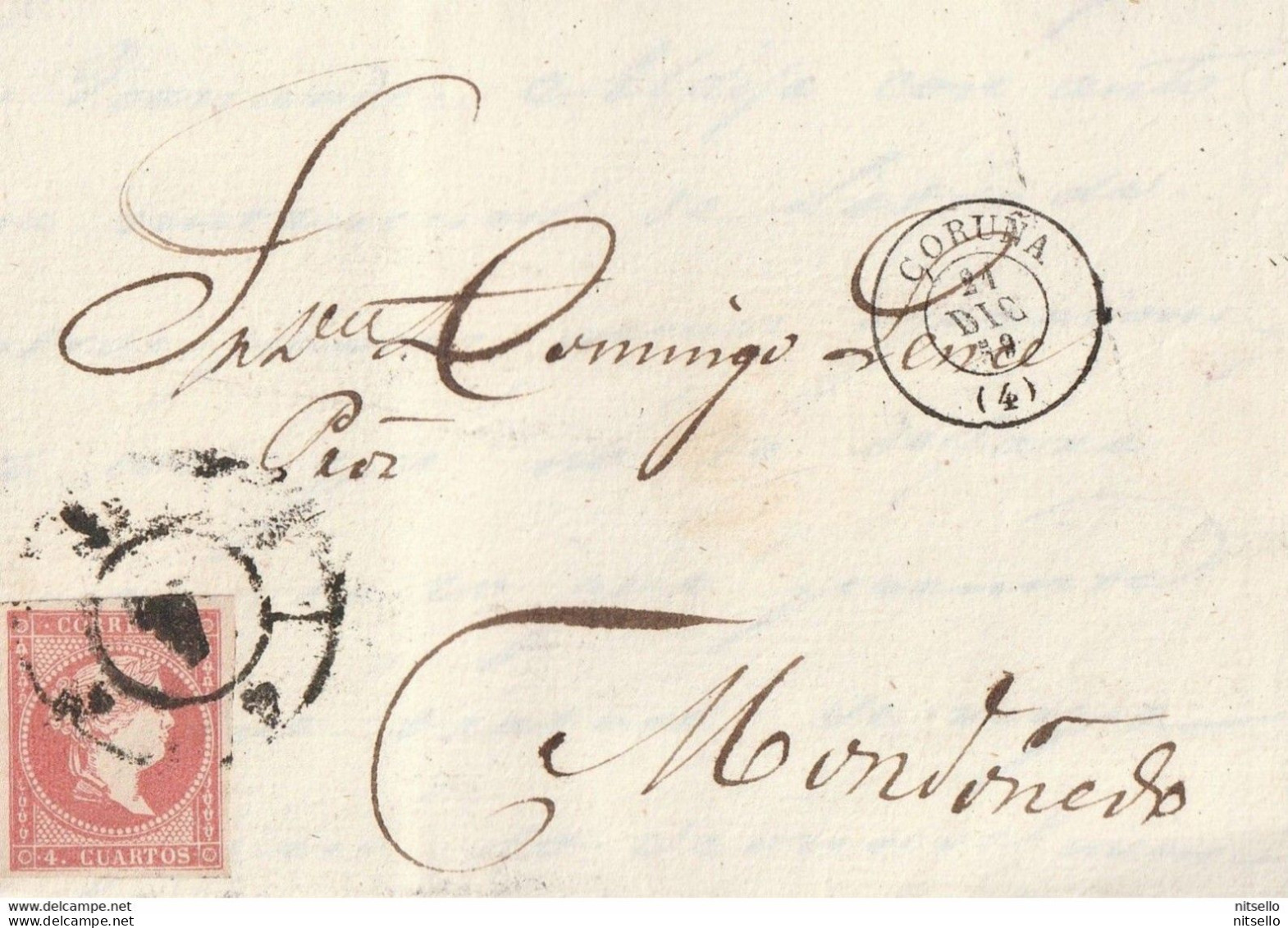 LOTE 1811 // (C210) ESPAÑA 1859-CARTA-Edifil: 48. ISABEL II. CORUÑA A MONDOÑEDO. Matasello R. CARRETA Nº 4 - Covers & Documents