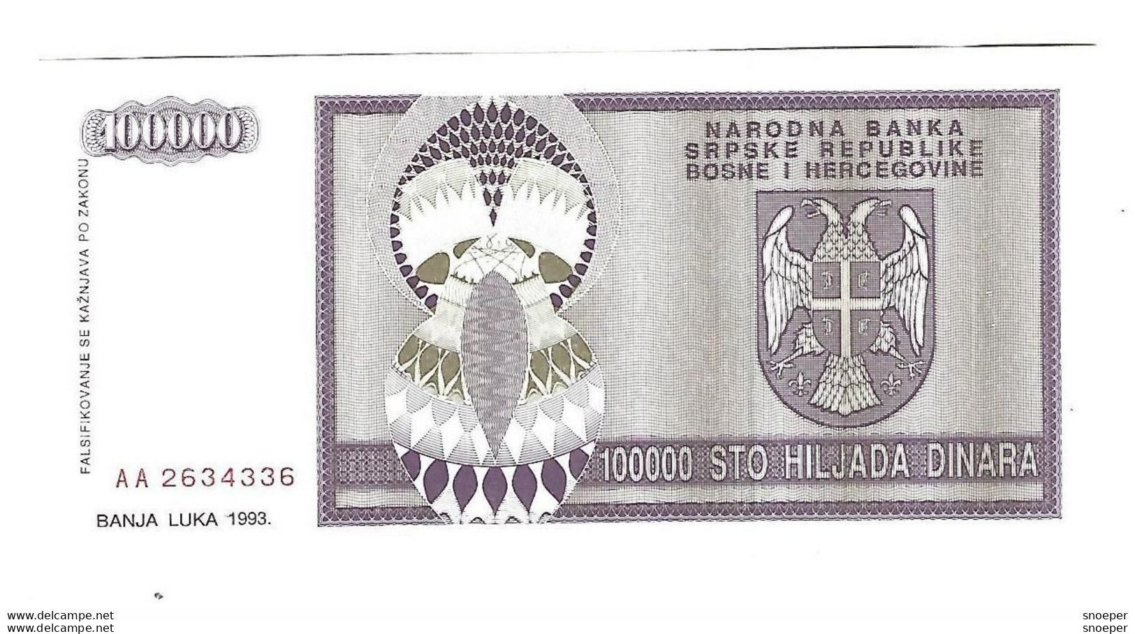 Bosnia- Herzegovina 100000 Dinara 1993   141  Unc - Bosnie-Herzegovine