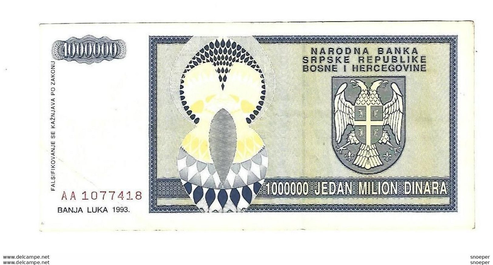 Bosnia- Herzegovina 1000000 Dinara 1993   142  Vf+ - Bosnië En Herzegovina