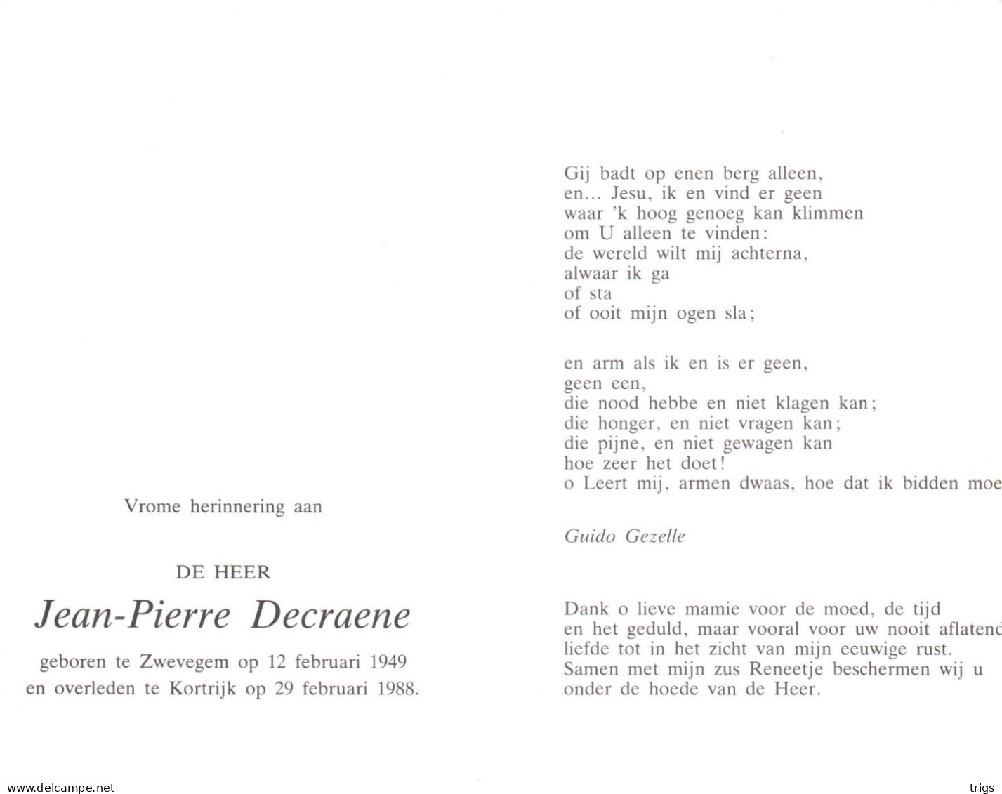 Jean Pierre Decraene (1949-1988) - Devotieprenten