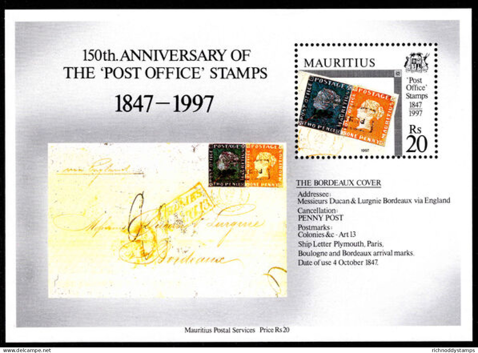 Mauritius 1997 150th Anniversary Of POST OFFICE Stamps Souvenir Sheet Unmounted Mint. - Maurice (1968-...)
