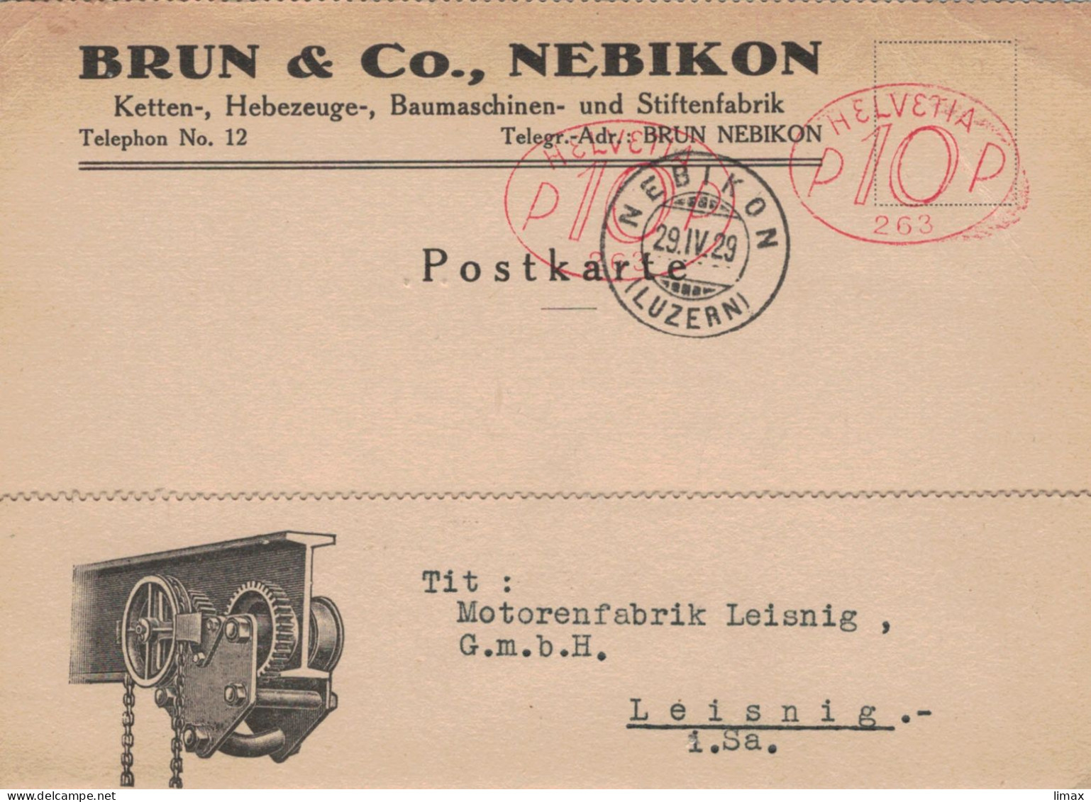 Brun & Co Nebikon Luzern Ketten & Hebezeuge 1929 > Motorenfabrik Leisnig Sachsen - Illustrierte Karte - Angebotslegung - Postage Meters
