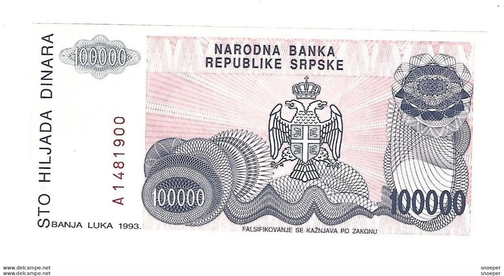 Bosnia- Herzegovina 100000 Dinara 1993   151   Unc - Bosnië En Herzegovina