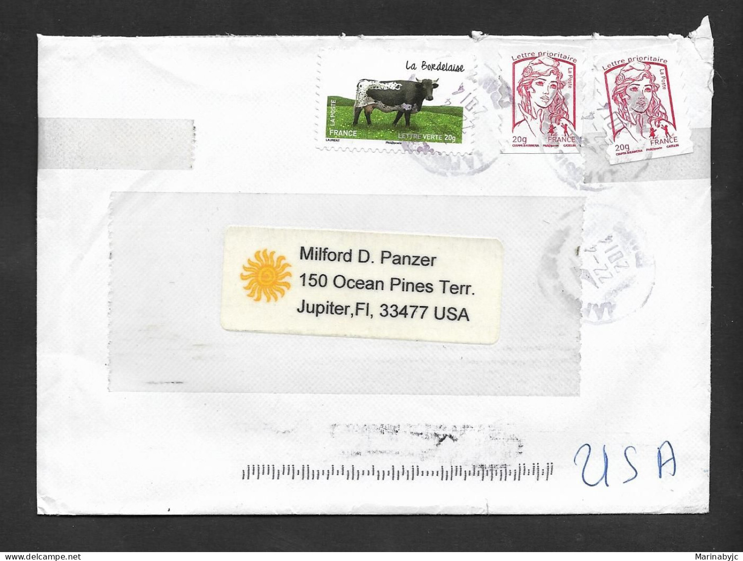 EL)2014 FRANCE, COW OF THE FRENCH REGION, THE 70TH ANNIVERSARY OF THE MARIANNE STAMPS, CIRCULATED COVER TO JUPITER USA, - Oblitérés