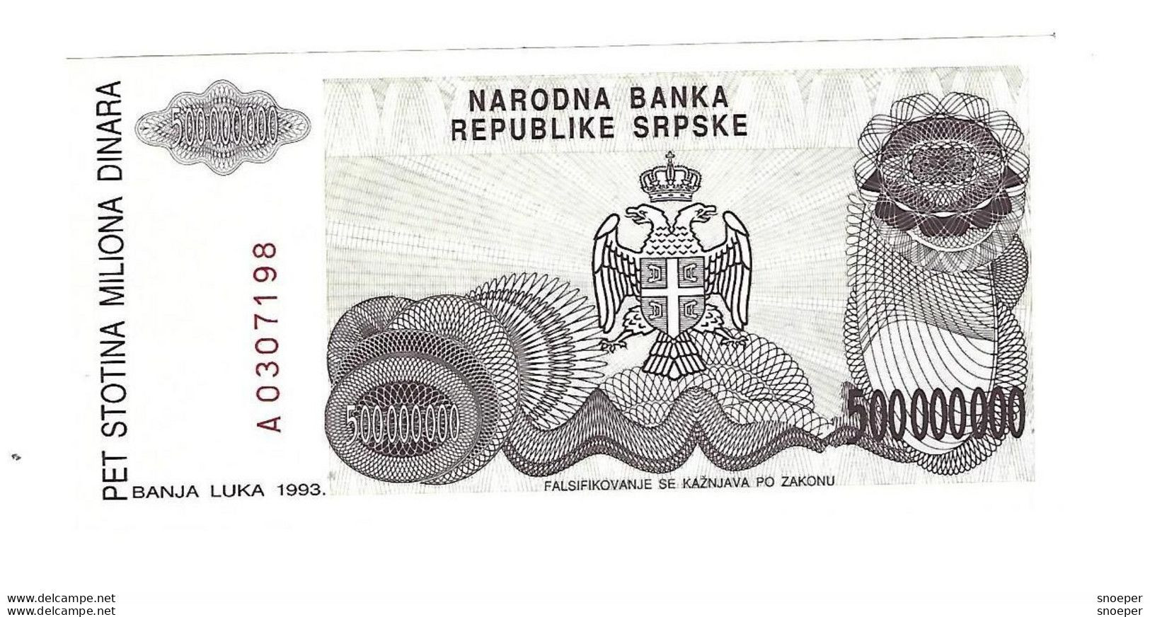 *bosnia- Herzegovina  500000000   Dinara 1993  Unc  155 - Bosnië En Herzegovina